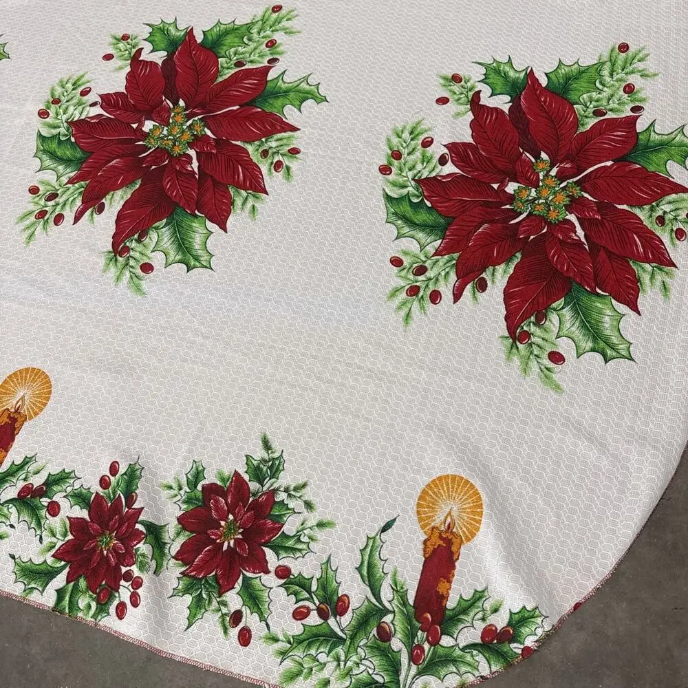 Vintage 80s Christmas Tablecloth Oval Oblong Poinsettia Candles Large